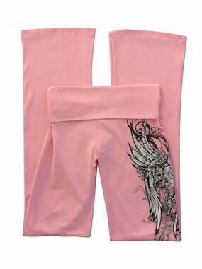 Pink Fold-Over Waist Track Pants with Wing Graphic COQUETTE FOLDOVER LEGGINGS